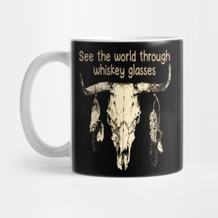 See The World Through Whiskey Glasses Skull Bull Vintage Feather Mug